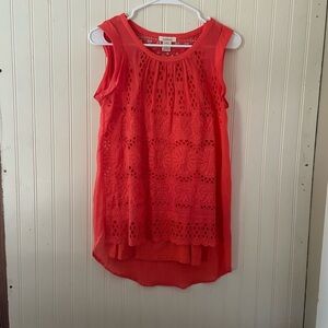 Sundance Vibrant Coral Silk Blend Top With Lace Details Over a Coral Cami
